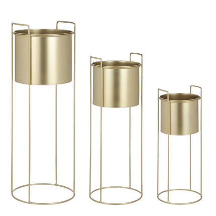 Favani Bloempot op Standaard - Set van 3 - H80 x Ø28 cm - Metaal - Goud