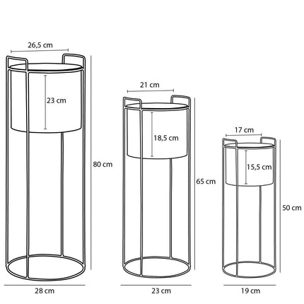 Favani Bloempot op Standaard - Set van 3 - H80 x Ø28 cm - Metaal - Goud