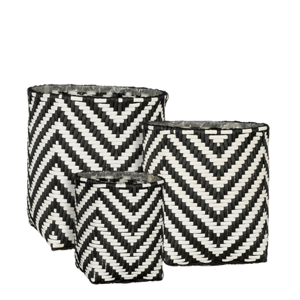Merlijn Plantenmand voor Buiten - Set van 3 - H26 x Ø24 cm - Gerecycled Plastic - Zwart, Wit