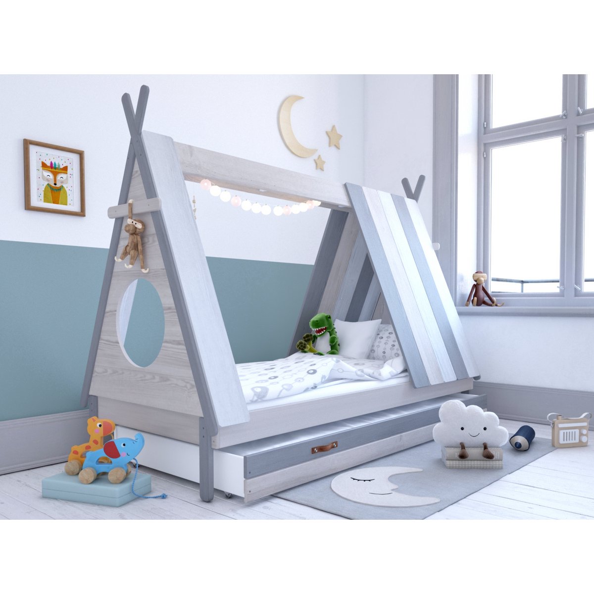 Kinderbed Sisimiut met uitvalbeveiliging 90x200 lichtgrijs en wit | premiumXL Kinderbed Sisimiut met uitvalbeveiliging 90x200 lichtgrijs en wit | premiumXL