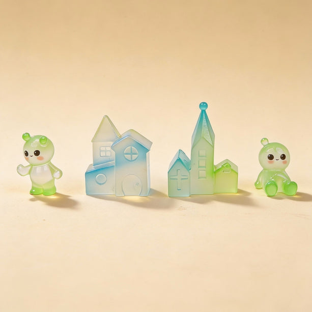 Glow village - Decoratief miniatuur dorp - Glow in the dark - 4 stuks - ↑ 3 -5 cm