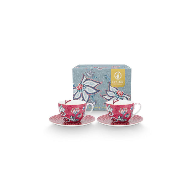 Set/2 Cups & Saucers Flower Festival Dark Pink 280ml