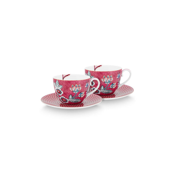 Set/2 Cups & Saucers Flower Festival Dark Pink 280ml