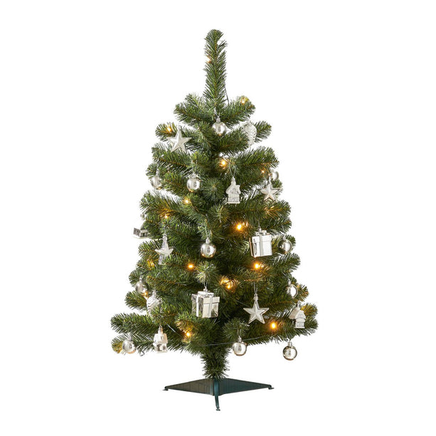 Joy Kunstkerstboom met 26 Ornamenten en LED Verlichting - H90 x Ø50 cm - Groen, Zilver