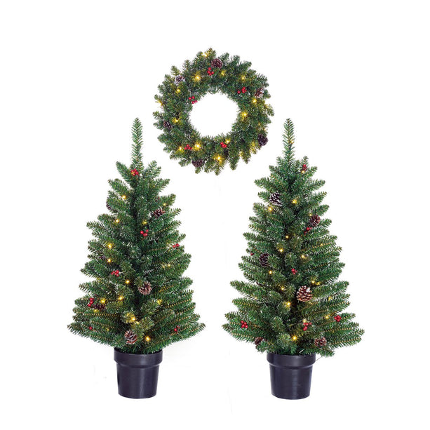 Creston Set van 2 Kerstbomen en 1 Krans met LED Verlichting - Groen