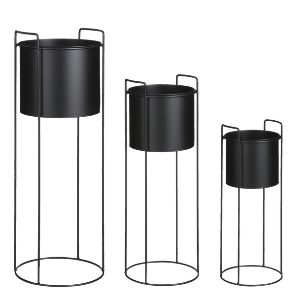 Favani Bloempot op Standaard - Set van 3 - H80 x Ø28 cm - Metaal - Zwart