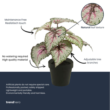 Begonia met grijs-paarse bladeren - Kunstplant in zwarte pot - Voor binnen & buiten - UV-bestendig - 26 cm