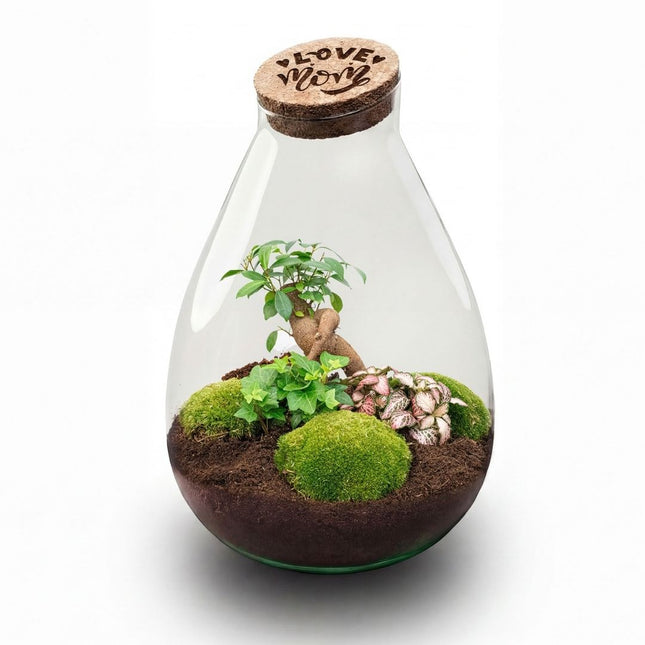 'LOVE MOM' terrarium Drop XL + gegraveerde kurk - Flessentuin - DIY kit – Ø 24 cm ↑ 37 cm - Moederdag