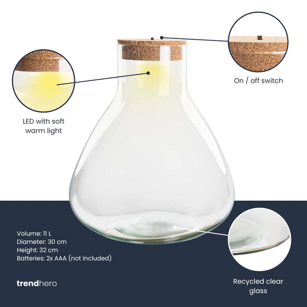 Terrarium fles ‘Sam XL' - Incl. LED-kurk - Gesloten terrarium Ø 30 cm ↑ 32 cm