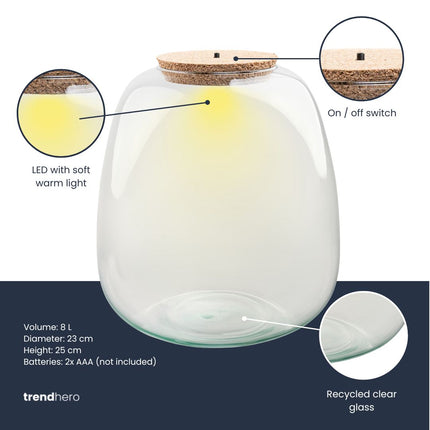 Terrarium fles ‘Emma' - Incl. LED-kurk - Gesloten terrarium Ø 23 cm ↑ 25 cm