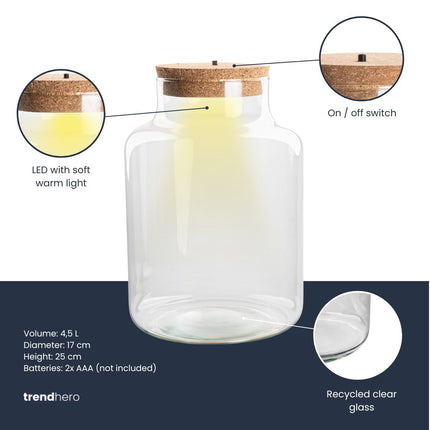 Terrarium fles ‘Little Milky’ - Incl. LED-kurk - Gesloten terrarium Ø 25 cm ↑ 17 cm