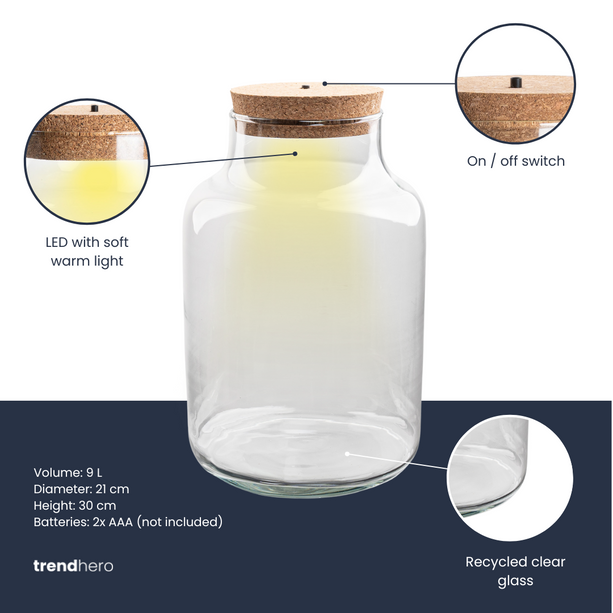Terrarium fles 'Milky' - Incl. LED-kurk - Gesloten terrarium Ø 21 cm ↑ 30 cm