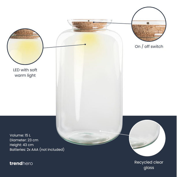 Terrarium fles ‘Sven XL' - Incl. LED-kurk - Gesloten terrarium Ø 23 cm ↑ 43 cm
