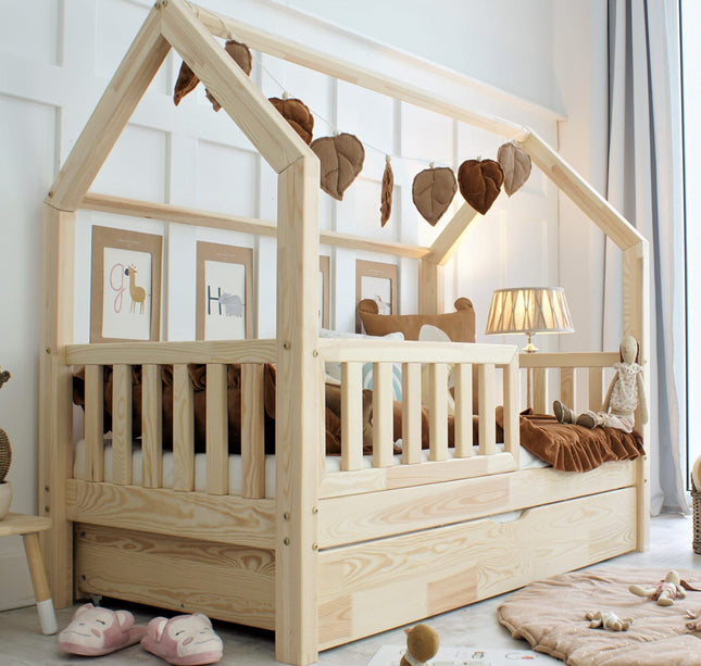 Woonhero bedhuis - Varde - Naturel - Eenpersoonsbed 90x190 cm - Kinderbed + Lade met extra slaapplek