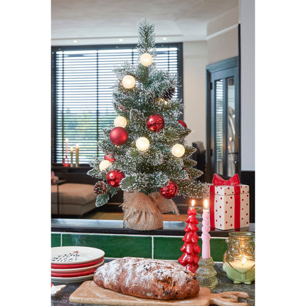 Kaprun Kunstkerstboom in Jute met LED Verlichting - H60 x Ø39 cm - Groen Frosted, Rood