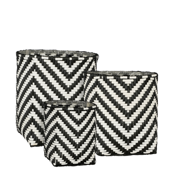 Merlijn Plantenmand voor Buiten - Set van 3 - H26 x Ø24 cm - Gerecycled Plastic - Zwart, Wit