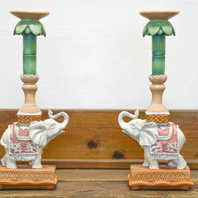 Kandelaar - Olifant roze/groen - Polyresin - 34,50 cm