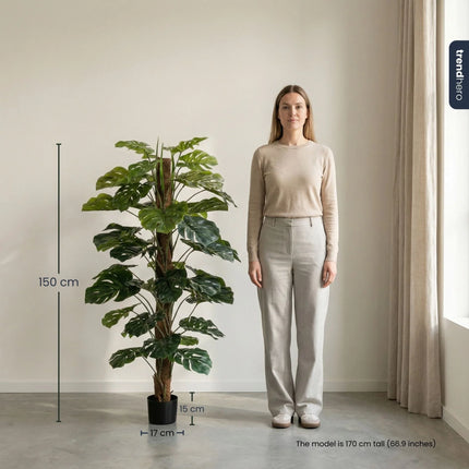 Monstera op stam - Kunstboom in zwarte pot - 150 cm
