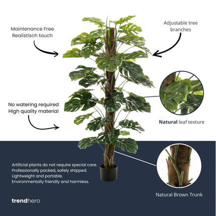 Monstera op stam - Kunstboom in zwarte pot - 150 cm