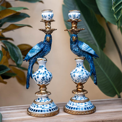 Kandelaar Delfts Blauw Papegaai - 40 cm