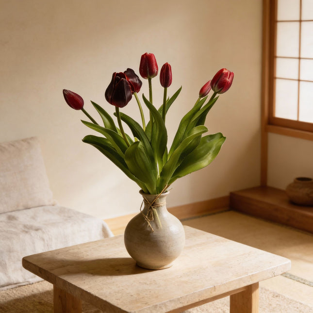 Tulpenboeket - Diep Rood - ‘Real Touch’ Kunsttulpen - 7 stelen - 40 cm