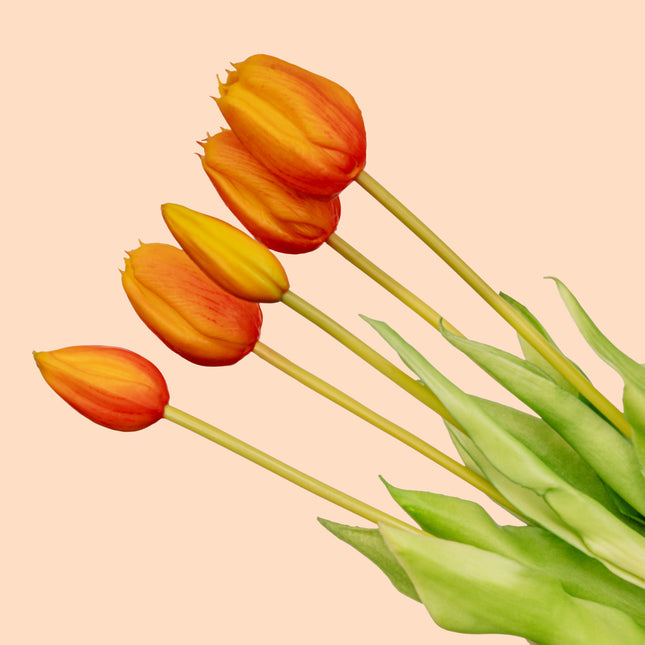 Tulpenboeket - Oranje - 'Real Touch' Kunsttulpen - 5 stelen- 43 cm